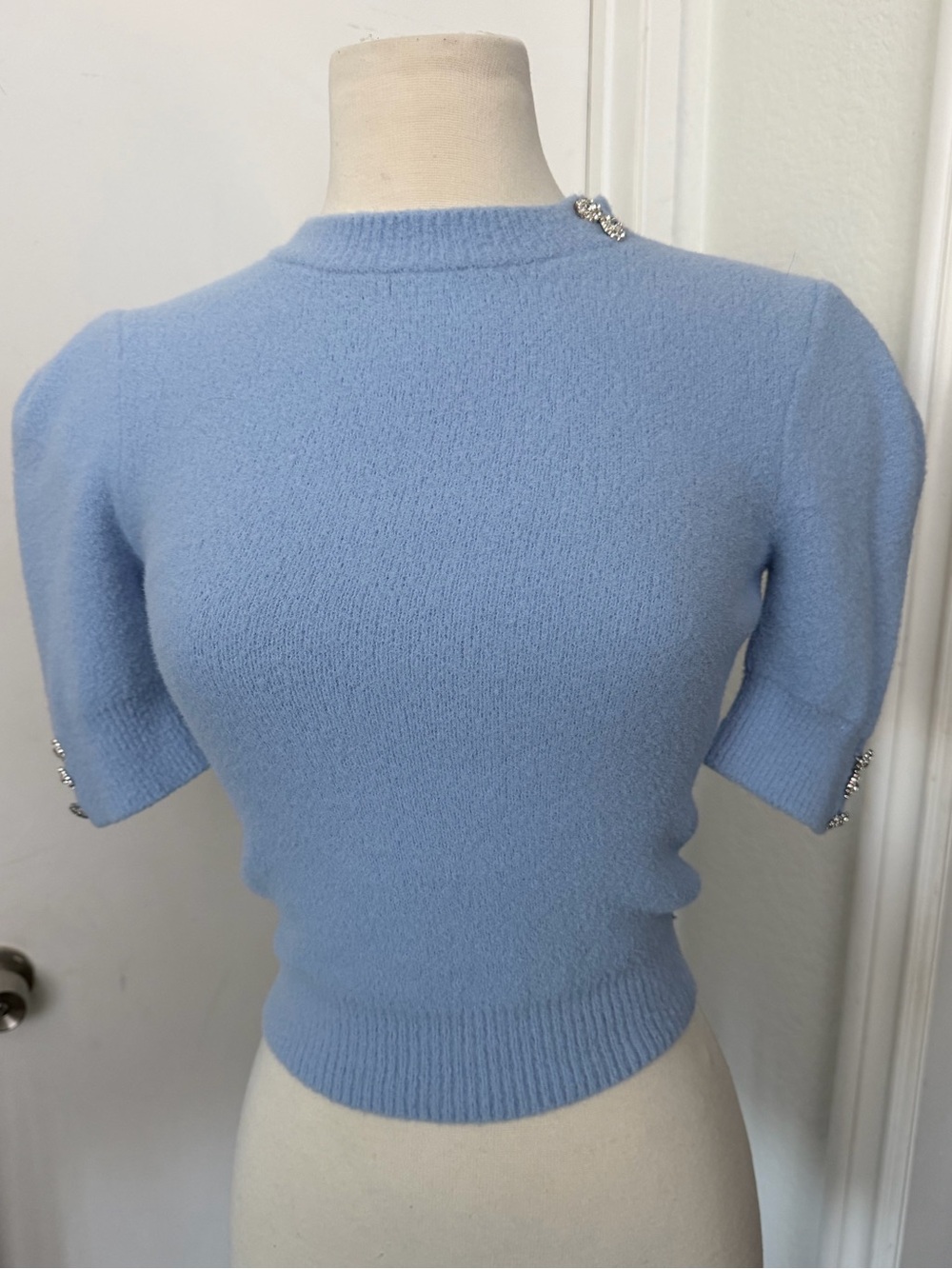 Zara Light Blue Fuzzy Knit Sweater with a crystal details
